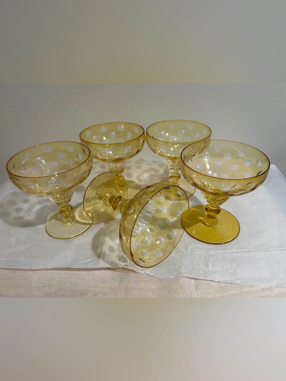 5pc MCM Vtg Clear Thumbprint Amber Stemmed Crystal Coupe Cocktail Glasses